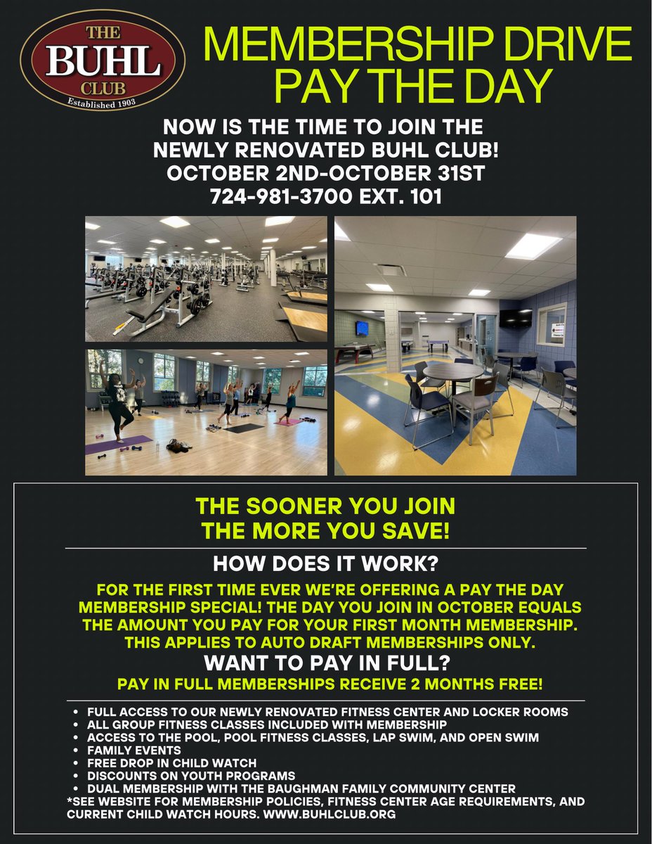 buhlclub's tweet image. 📣NOW IS THE TIME TO JOIN THE BUHL CLUB!💪
For the first time ever we are offering a PAY THE DAY membership special!