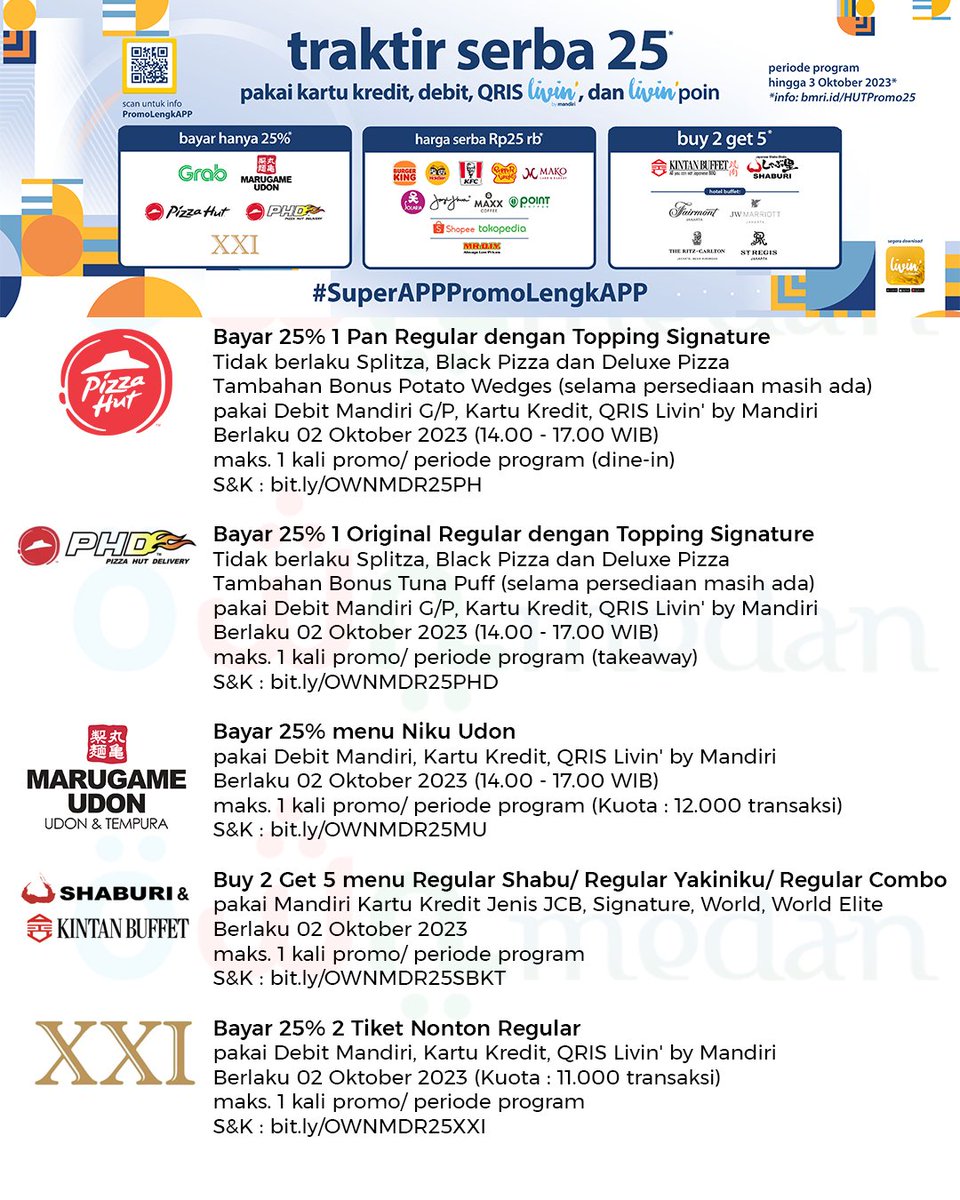 OWNMedan's tweet photo. Promo HUT 25 Bank Mandiri #ownmedan
Cek link : https://t.co/QvzOztOL2v https://t.co/wl5LG6Q1Ty