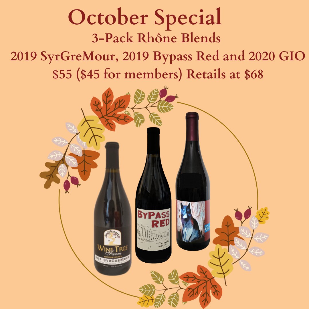 Welcome Fall - This month we will showcase our popular Rhône style blends: A 3-pack of 2019 Bypass Red, 2019 SyrGreMour and 2020 GIO.
#winetreefarm #corinnewines #rhoneblends #grenache #syrah #mourvedre