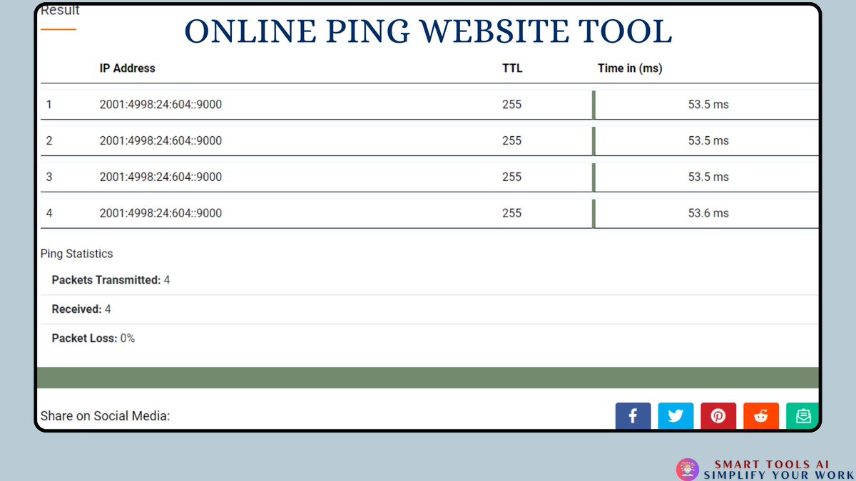 MatheenHaneef's tweet image. Check Website Responsiveness with Our Online Ping Tool. SmartToolsAI.com&apos;s Online Ping Website Tool is your go-to utility for measuring response time between your device and any website. Explore Now: smarttoolsai.com/ping-tool
#PingTool #WebsitePerformance #NetworkHealth