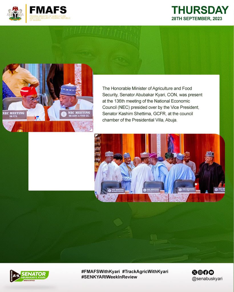 JayItsJam's tweet photo. HON. MINISTER OF AGRIC & FOOD SECURITY, SENATOR ABUBAKAR KYARI’S WEEK IN REVIEW
24th September - 30th September, 2023
#SenKyariWeekInReview
#FMAFSWithKyari #TrackAgricWithKyari https://t.co/4Ro2tlvUXN