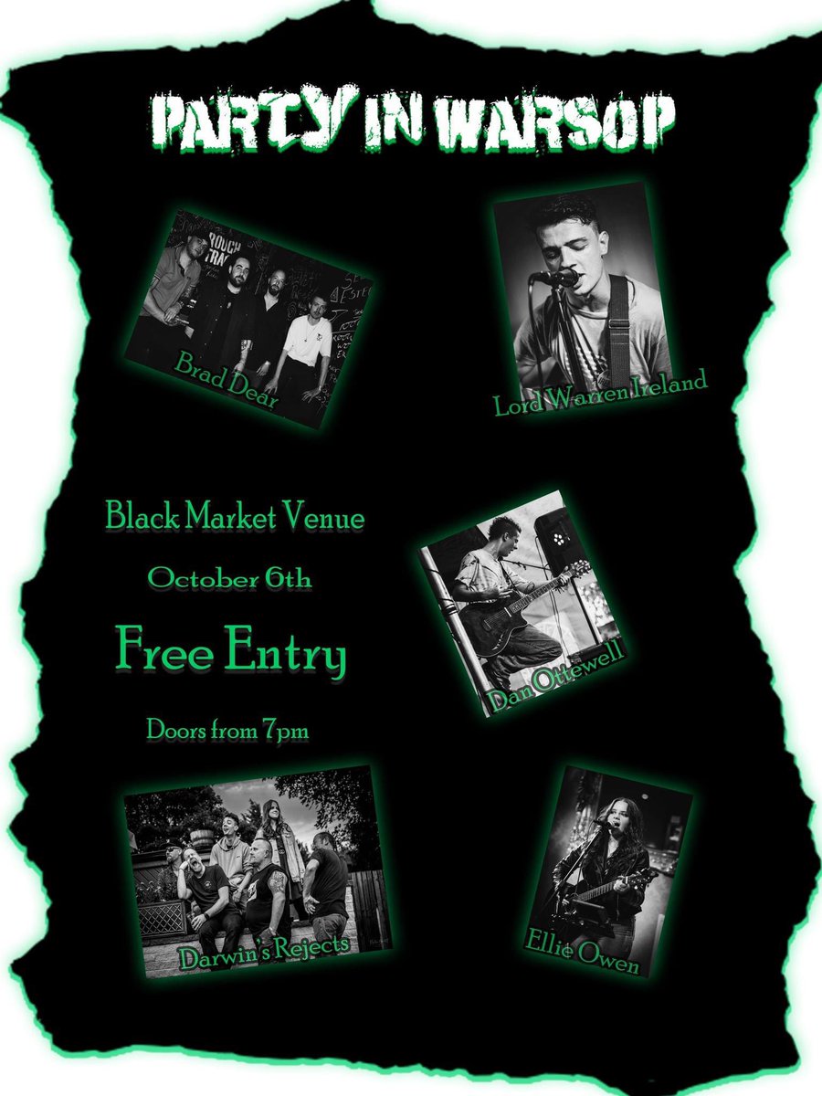 DarwinsRejects's tweet image. FREE FREE FREE! Come to the wonderful Black Market Venue in Warsop from 7:30 on Friday for five awesome live music acts 😍