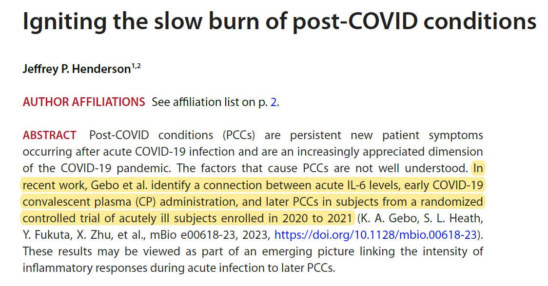 Arturo Casadevall (@acasadevall1) on Twitter photo Thoughtful commentary by <a href="/DrJPHenderson/">Jeff Henderson MDPhD</a> on the mechanism by which the early administration of COVID-19 convalescent plasma (CCP) reduces post-COVID conditions: early reduction in inflammation may translate into reduced inflammation later. journals.asm.org/doi/full/10.11… Thoughtful commentary by <a href="/DrJPHenderson/">Jeff Henderson MDPhD</a> on the mechanism by which the early administration of COVID-19 convalescent plasma (CCP) reduces post-COVID conditions: early reduction in inflammation may translate into reduced inflammation later. journals.asm.org/doi/full/10.11…