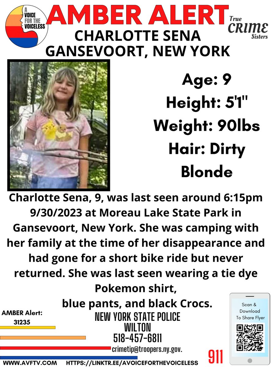 ** UPDATED TO #AMBERALERT **
PLEASE‼️It only takes one second to share this #MissingPerson 

#CharlotteSena, 9, was last seen around 6:15pm 9/30/2023 at #MoreauLakeStatePark in #Gansevoort, #NewYork. She was camping with her family at the time of her disappearance and had gone