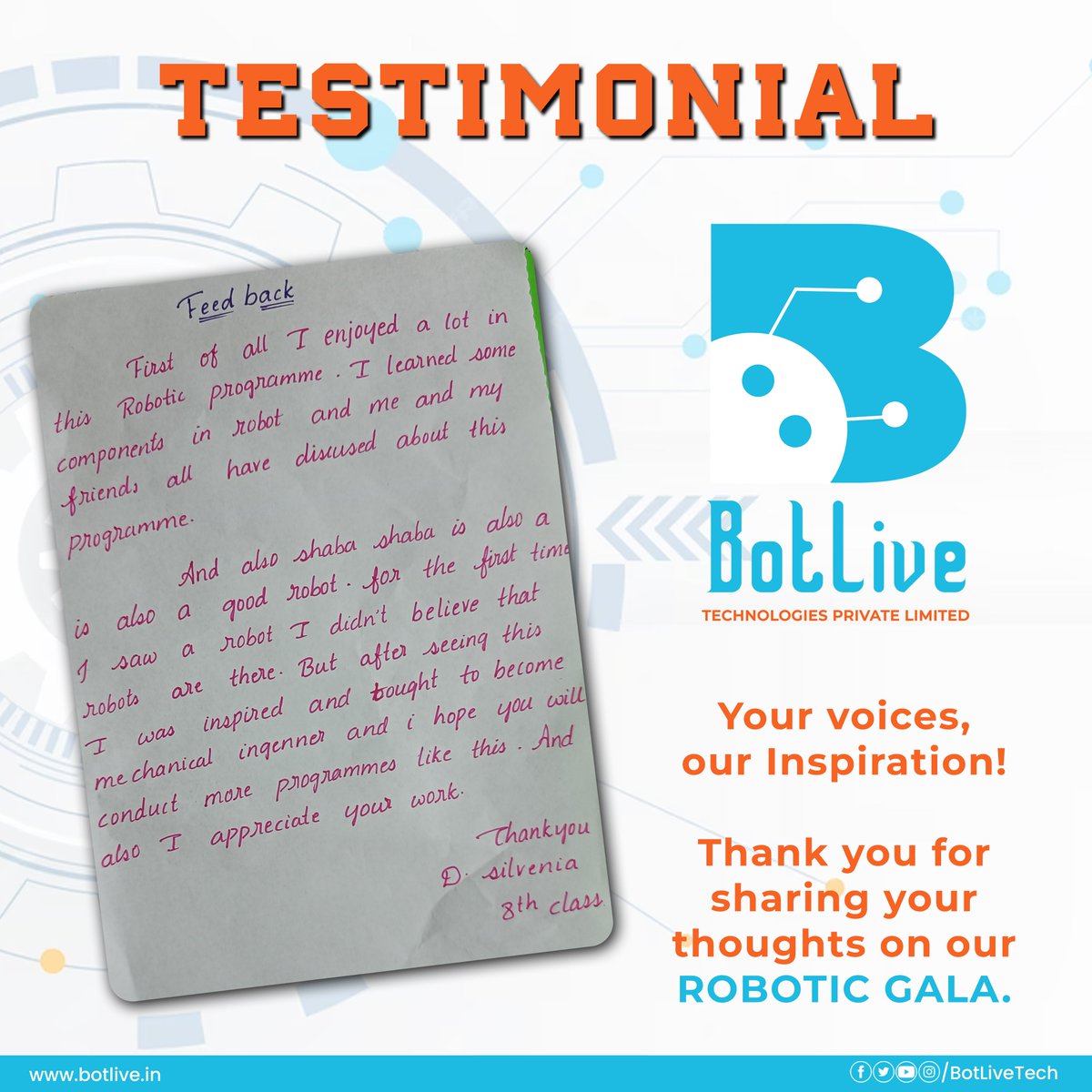 Botlivetech's tweet photo. 📷 Student feedback alert!
Discover the insights that are reshaping our Robotic Gala workshops. 📷
#Robotics #RoboticsEducation #RoboticsForKids #Botlive #WorkshopReflections #StudentFeedbackLoop https://t.co/8wBh3askPS