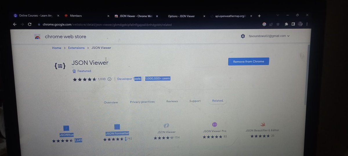 favour_eng's tweet photo. Hi guys came across this chrome extension "JSON viewer" and decided I should share. It's so amazing it's just like postman. It formats JSON files into nice format 👍.
Check it out guys
#developer
#learningstage
#growth
#javascript https://t.co/gco7RLkrDQ