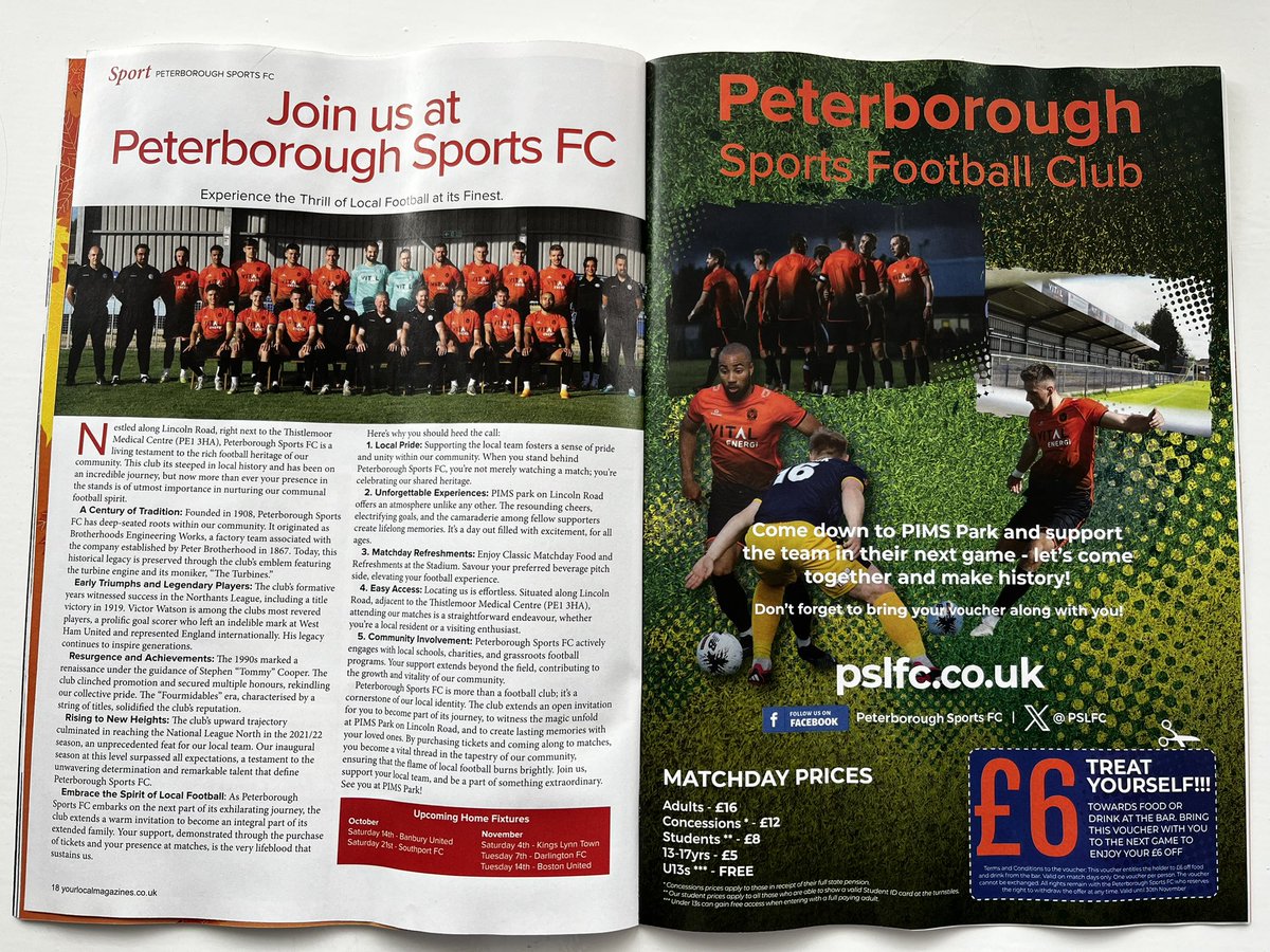 It is great to see our new feature in the <a href="/_yourlocalmag/">Your Local Magazines</a> PE magazines that are delivered to households in around Peterborough!

Within each copy of the magazine is a voucher which entitles you to £6 off food and drink at the ground when you attend a game!

#PSLFC 
#UpTheTurbines