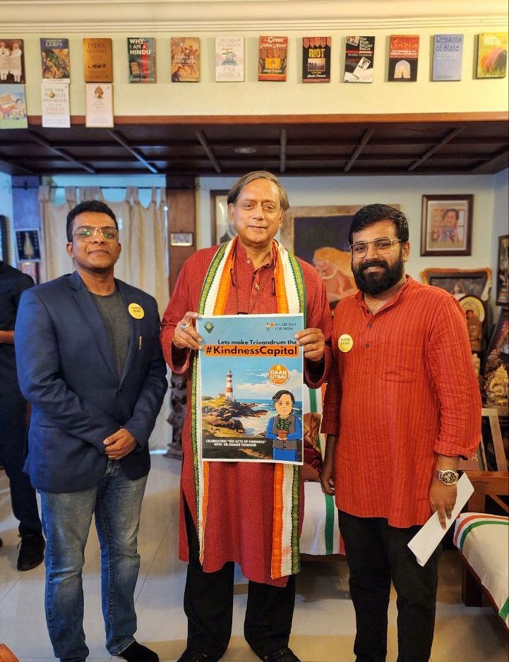 Thankful to Dr. @ShashiTharoor for enthusiastically endorsing @VolunteerIndia 's @daanutsav campaign in #Trivandrum . 100 Acts of Kindness aims to enable people from all walks of life to give back to the city through acts of kindness. Let's make our city the #KindnessCapital.