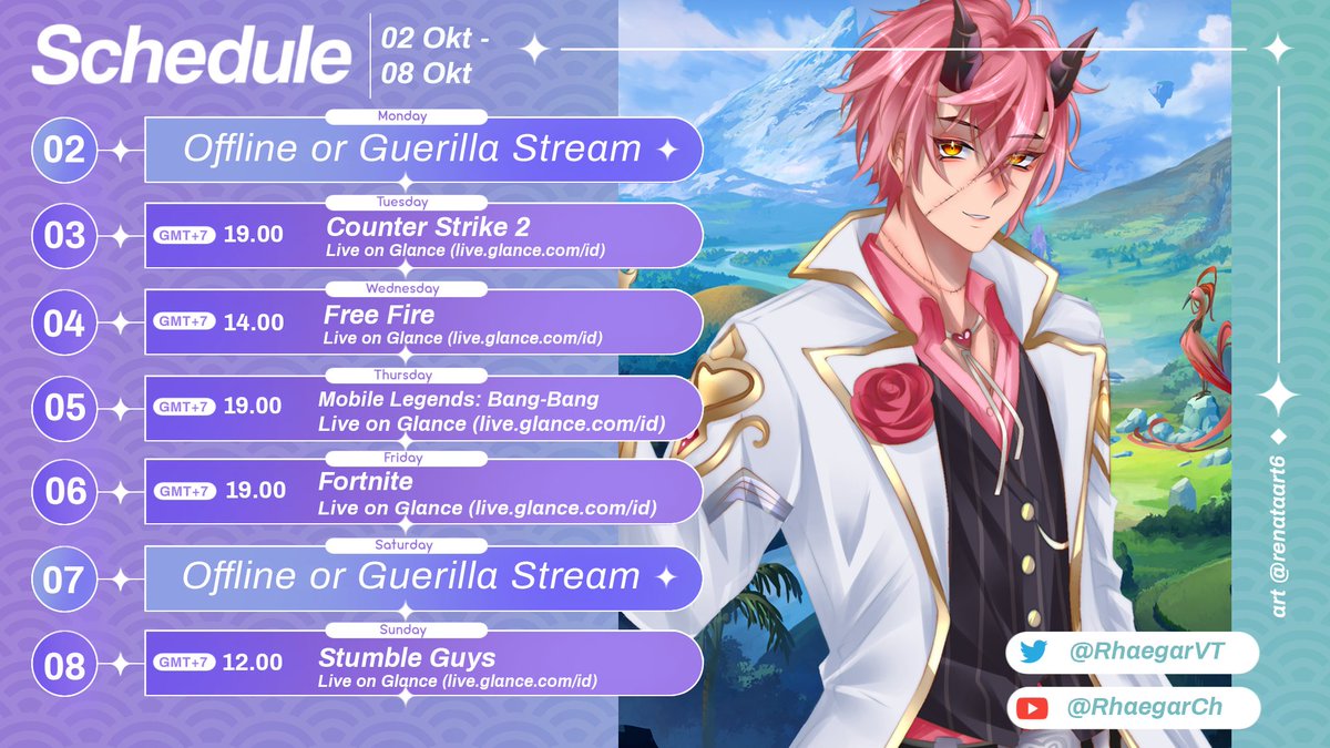 RhaegarVT's tweet photo. 【Schedule 02 Oktober - 08 Oktober】
Jum'at malam aku bakalan collab main Fortnite ges.
Untuk stream di YouTube semuanya Guerilla yakk~
General: #RhaegarAgamotto
Live: #RhaeLIVE
Art: #RhaegArt
Memes: #Rhaeceh
Clips: #Rhaekaman
#VtuberID #Schedule https://t.co/C3ZBqOg3FF