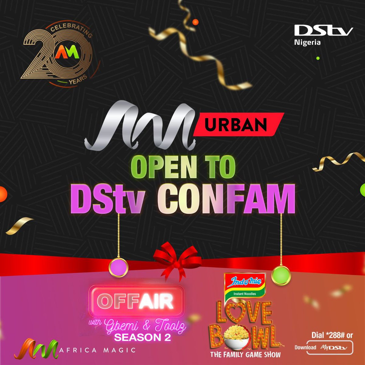 DStvNg's tweet photo. In celebration of @africamagic turning 20 years, AM Showcase and AM Urban are opening up to Compact and Confam subscribers today! 🎉

#dstv #africamagic #am20 #africamagic20 https://t.co/wppsZr6ktn