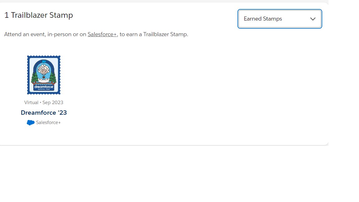 I got my Trailblazer Stamp🥳🥳 Thank you <a href="/trailhead/">Trailhead</a> and <a href="/salesforce/">Salesforce</a> 🎉🎉 #dreamforce23