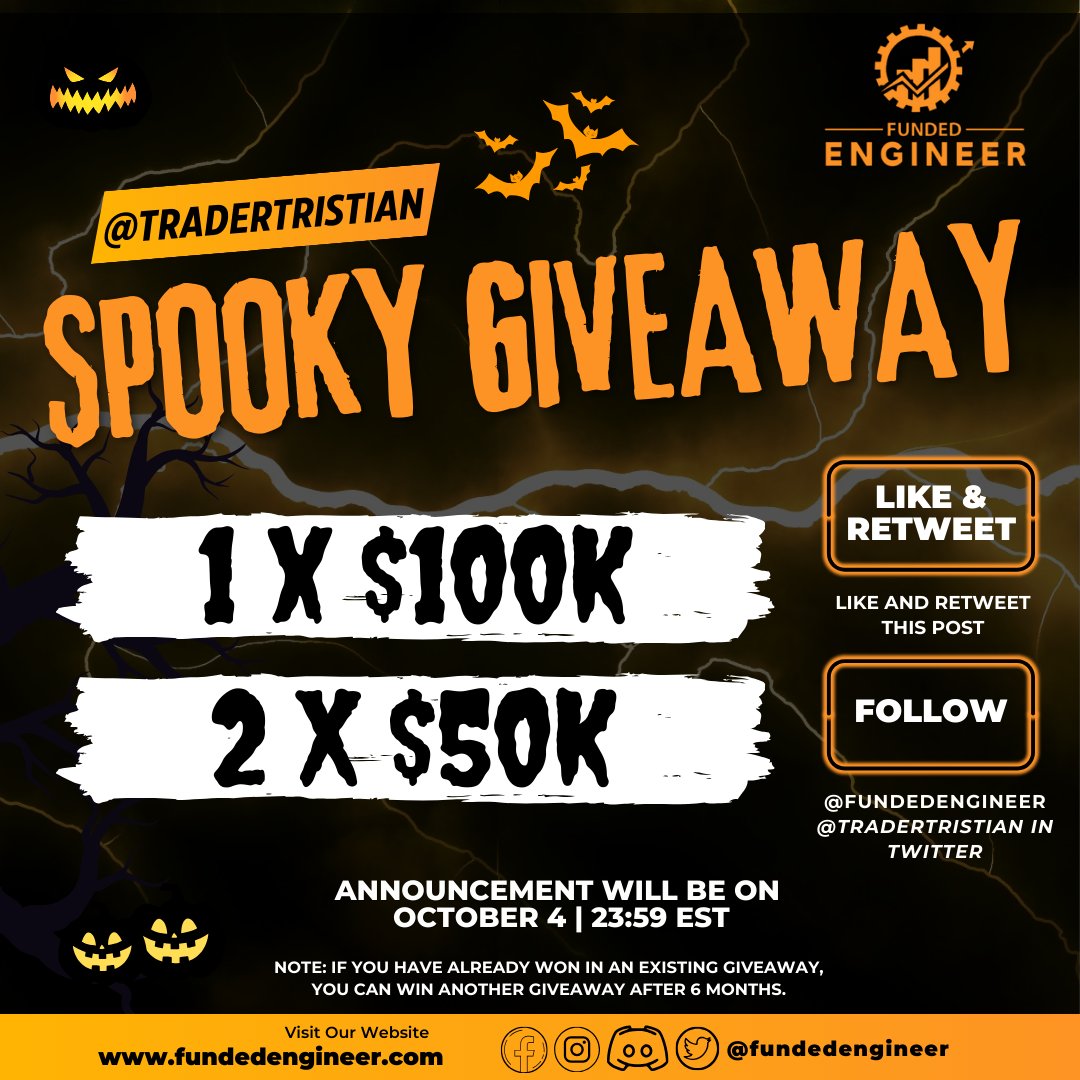 tradertristian's tweet photo. New month Promos and a fresh giveaway 

1, 100k account and 2 , 50k accounts 

👉 Like and retweet this post 

👉 Follow @fundedengineer and @tradertristian 

👉 Join our discord ( link in comments )

Winners announced October 4th . https://t.co/9VlxuesdFH
