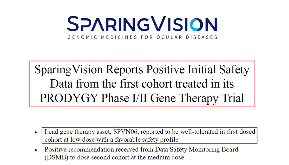 1/@SparingVision has announced positive initial safety data from its Phase I/II PRODYGY clinical trial of SPVN06-a gene-agnostic #GeneTheapy aimed to stop/slow the disease progression of #RetinitisPigmentosa - one of the leading inherited causes of blindness. #BioTech $XBI $NTLA