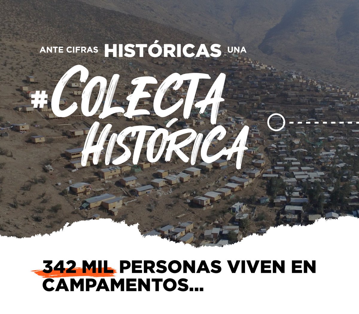 TECHOChile's tweet photo. UNA IMAGEN VALE MÁS QUE MIL PALABRAS 

342 mil personas viven en campamentos, cifra que  equivale a la población completa de la Región de Atacama. Hoy es nuestro último día de colecta, y aún nos falta por llegar a la meta, haz tu aporte aquí: https://t.co/0t4Zz4wChe https://t.co/uZscr4mMYi