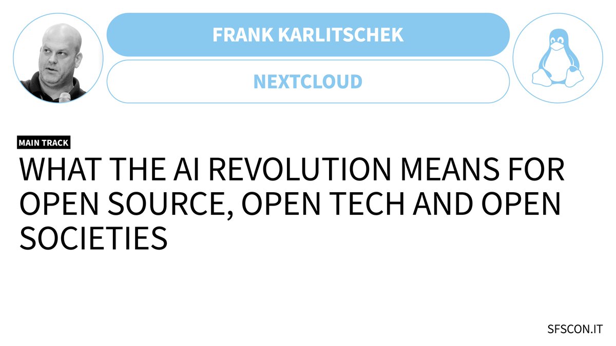 SFScon's tweet image. 🌍 Explore the #AI revolution's impact on #OpenSource, #OpenTech and #OpenSocieties with Frank Karlitschek @fkarlitschek at #SFSCON23!   
📌 sfscon.it/talks/what-the…
🎫 Join & register for free: sfscon.it  
#NOITechpark #SFSCON