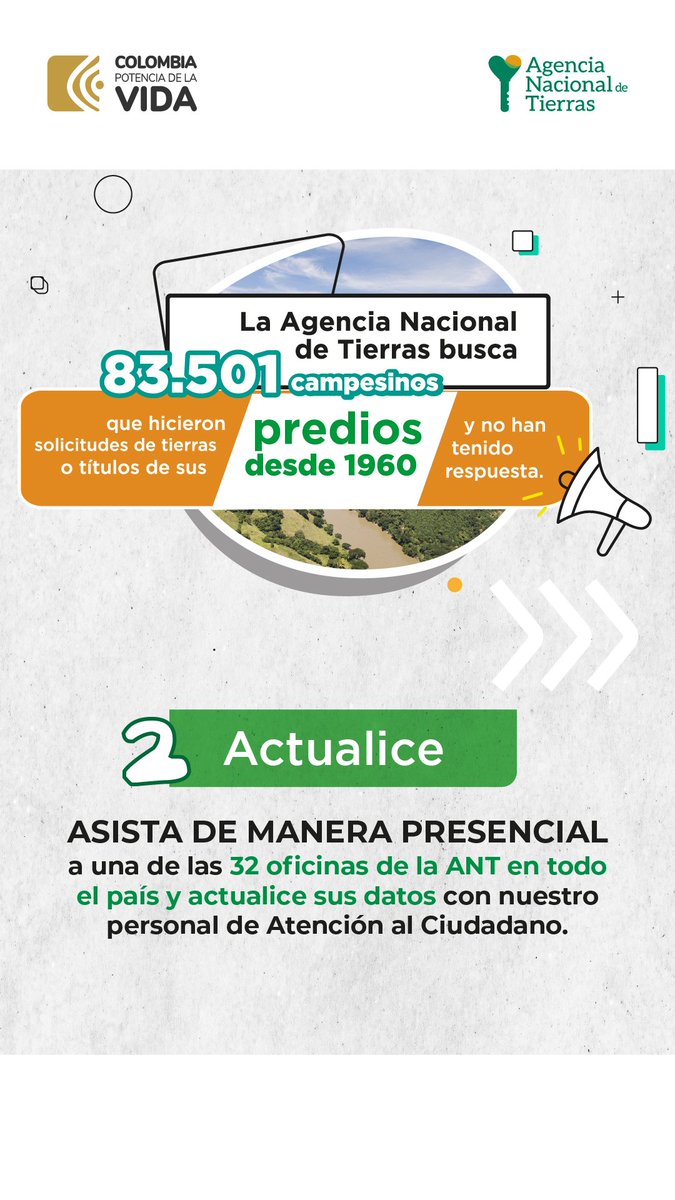 AgenciaTierras's tweet photo. 🚨 Atención | Buscamos 83.501 solicitantes de tierras, que iniciaron solicitudes antes de 2016 y no recibieron respuesta. Requerimos que actualicen sus datos para continuar con los procesos.

Deben verificar acá 👉 https://t.co/WUqMvkffNh https://t.co/6pNsjlMpAu