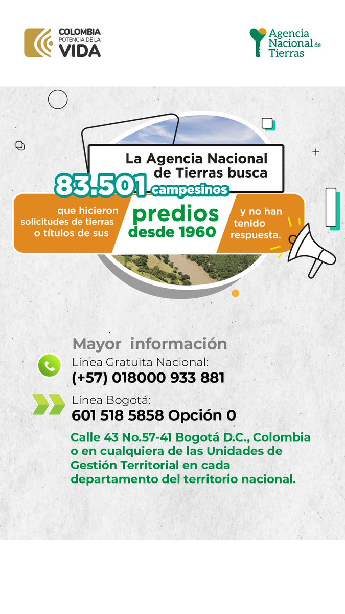 AgenciaTierras's tweet photo. 🚨 Atención | Buscamos 83.501 solicitantes de tierras, que iniciaron solicitudes antes de 2016 y no recibieron respuesta. Requerimos que actualicen sus datos para continuar con los procesos.

Deben verificar acá 👉 https://t.co/WUqMvkffNh https://t.co/6pNsjlMpAu