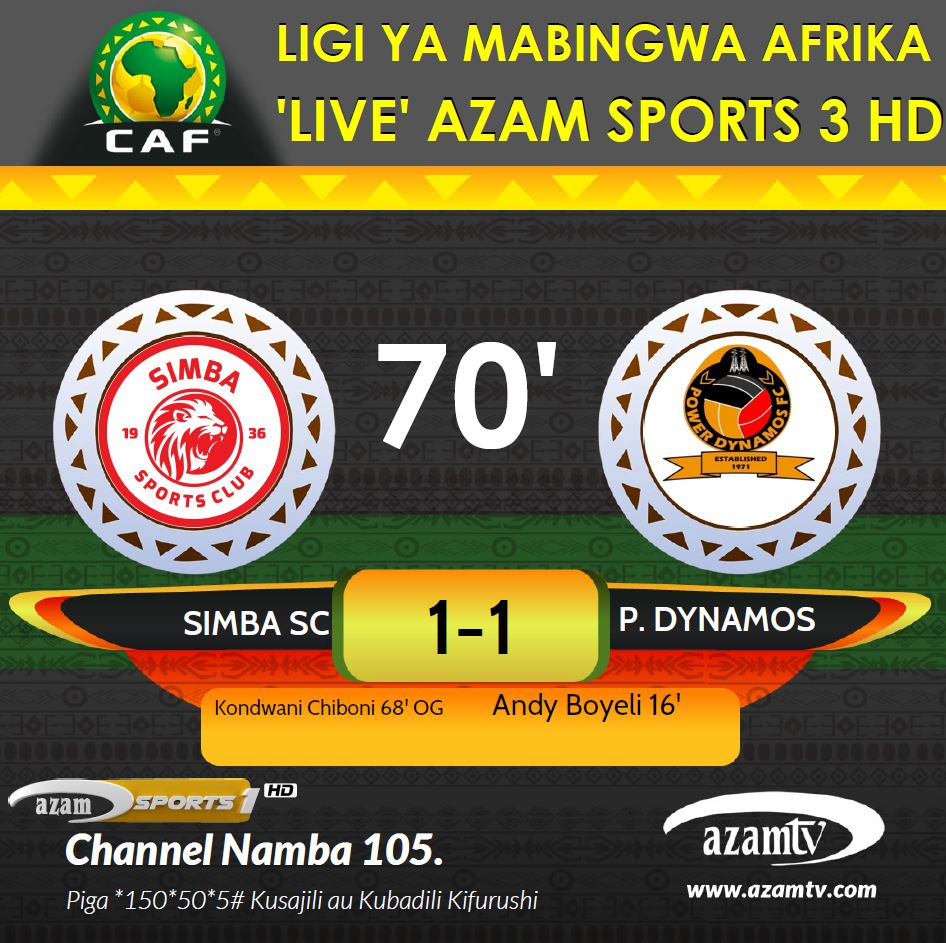 azamtvtz's tweet photo. 70’ | #CAFCL 

Simba 1-1 Power Dynamos (Agg: 3-3)

LIVE #AzamSports1HD

#AzamSports3HD  #CAFCL #CAFChampionsLeague #LigiYaMabingwaAfrika #CCL #SimbaSC #SSC #PowerDynamos #SimbaPowerDynamos #AzamComplex https://t.co/6xvsA823bN