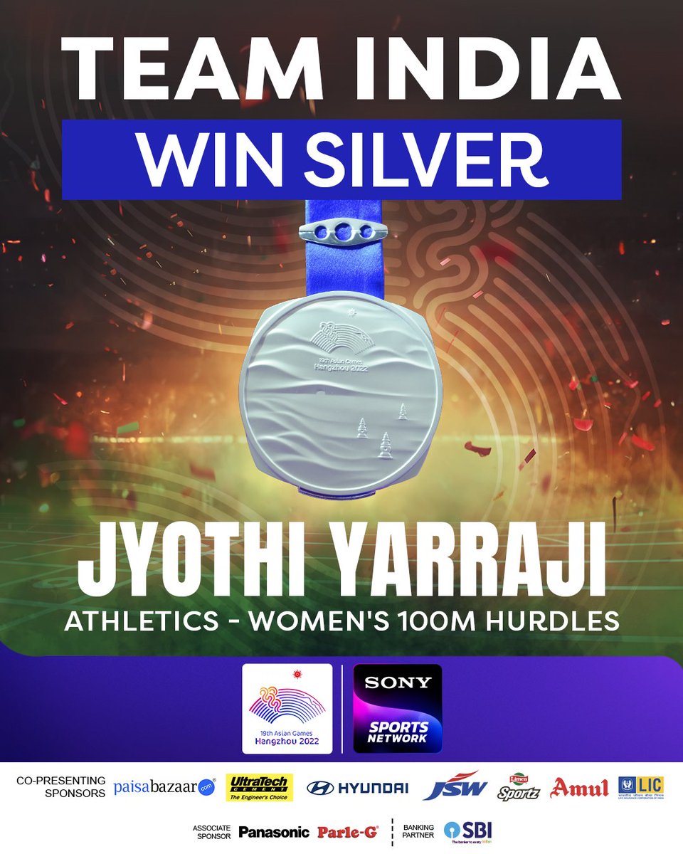 Sony Sports Network (@sonysportsnetwk) on Twitter photo A well-deserved๐ฅfor <a href="/JyothiYarraji/">Jyothi Yarraji</a> ๐ฅ
After all the controversy that shadowed the race, the Indian runner is awarded a ๐๐๐๐๐๐ medal in Womenโs 100M Hurdles ๐โโ๏ธ
#SonySportsNetwork #AsianGames #Cheer4India #Hangzhou2022 #IssBaar100Paar #TeamIndia #Athletics | <a href="/Media_SAI/">SAI Media</a> A well-deserved๐ฅfor <a href="/JyothiYarraji/">Jyothi Yarraji</a> ๐ฅ
After all the controversy that shadowed the race, the Indian runner is awarded a ๐๐๐๐๐๐ medal in Womenโs 100M Hurdles ๐โโ๏ธ
#SonySportsNetwork #AsianGames #Cheer4India #Hangzhou2022 #IssBaar100Paar #TeamIndia #Athletics | <a href="/Media_SAI/">SAI Media</a>