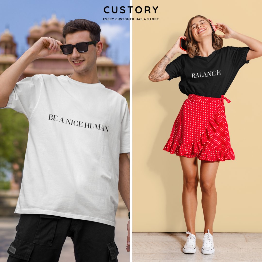 custoryclothing's tweet photo. Elevate your style with our new tees! Spread positivity with 'Be a Nice Human' or find your zen with 'Balance' in classic black &amp; pristine white. Make a statement with style! Which one's your fave? Shop now! 

#Fashion #PositiveVibes #custory https://t.co/4wFX0pQXFw