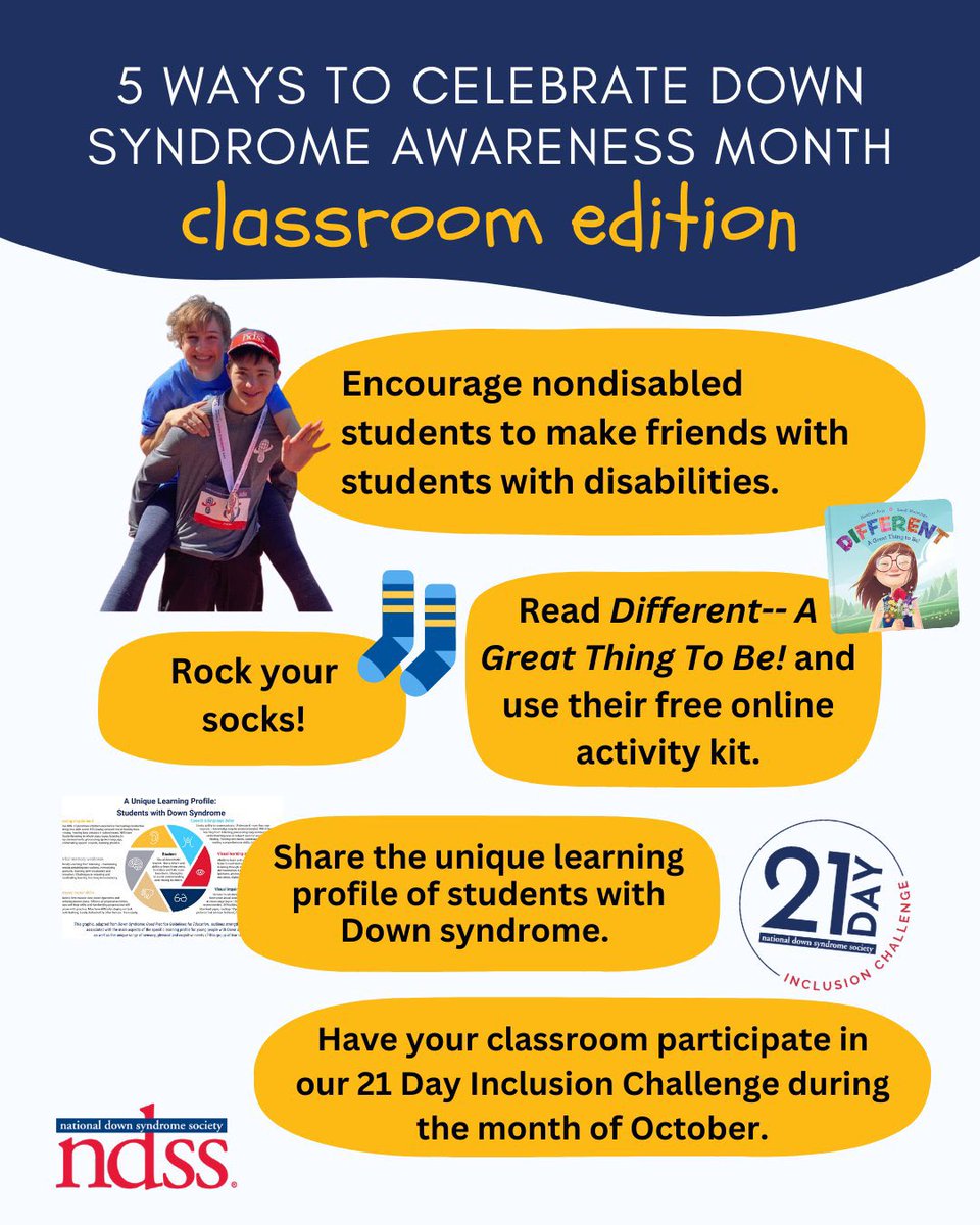 October is Down Syndrome Awareness Month! Here are 5 great ways to celebrate #DownSyndromeAwarenessMonth in the classroom this October…
ndss.org/down-syndrome-…