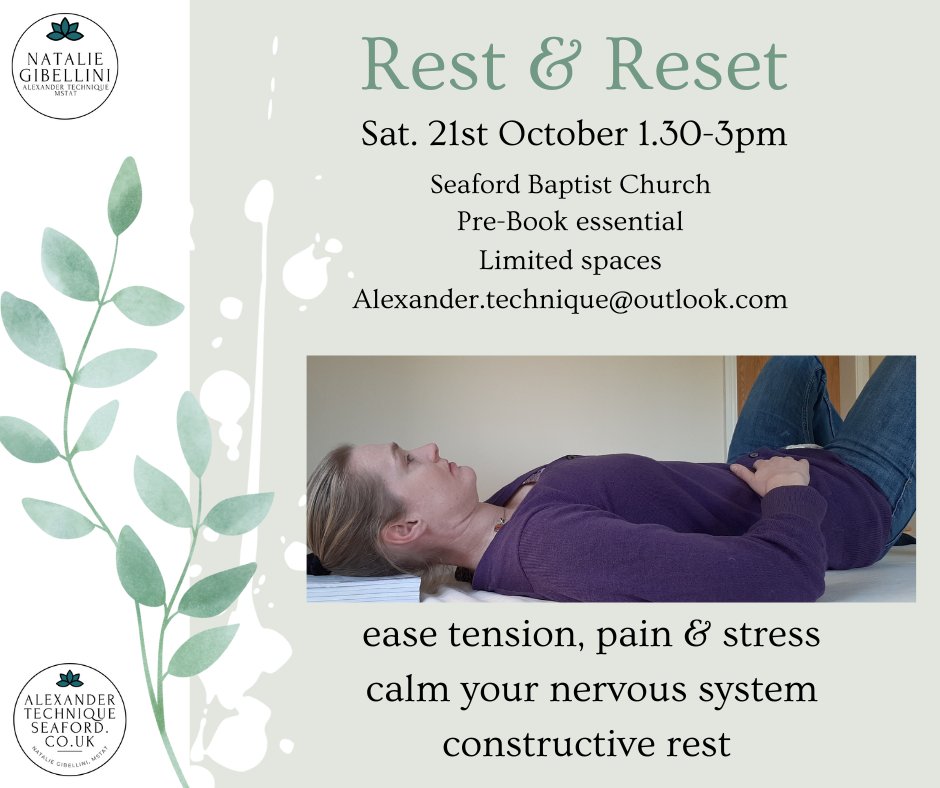 NatalieALEXTECH's tweet photo. re-set and re-store yourself with the Alexander Technique
* small interactive hands on class
* release any unhelpful postural tension 
* gentle mindful activities 
* Constructive Rest
* calm your nervous system 
* Pacing techniques to help long term conditions, pain and fatigue https://t.co/FMHPvoJrLy