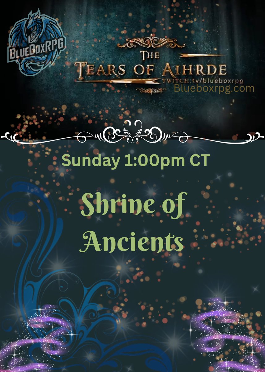 Join us today at 1pm CT for Tears of Aihrde - Shrine of Ancients. The 'Rats have left offerings outside and now venture forth into the shrine. What awaits them inside? Will the Fey play nice, or will this homecoming take a turn? Tune in today to find out!
twitch.tv/blueboxrpg