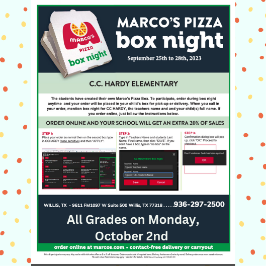 One last day to help CC Hardy Student's out. On Monday, October 2nd, get Pizza for the Family and help out our school!