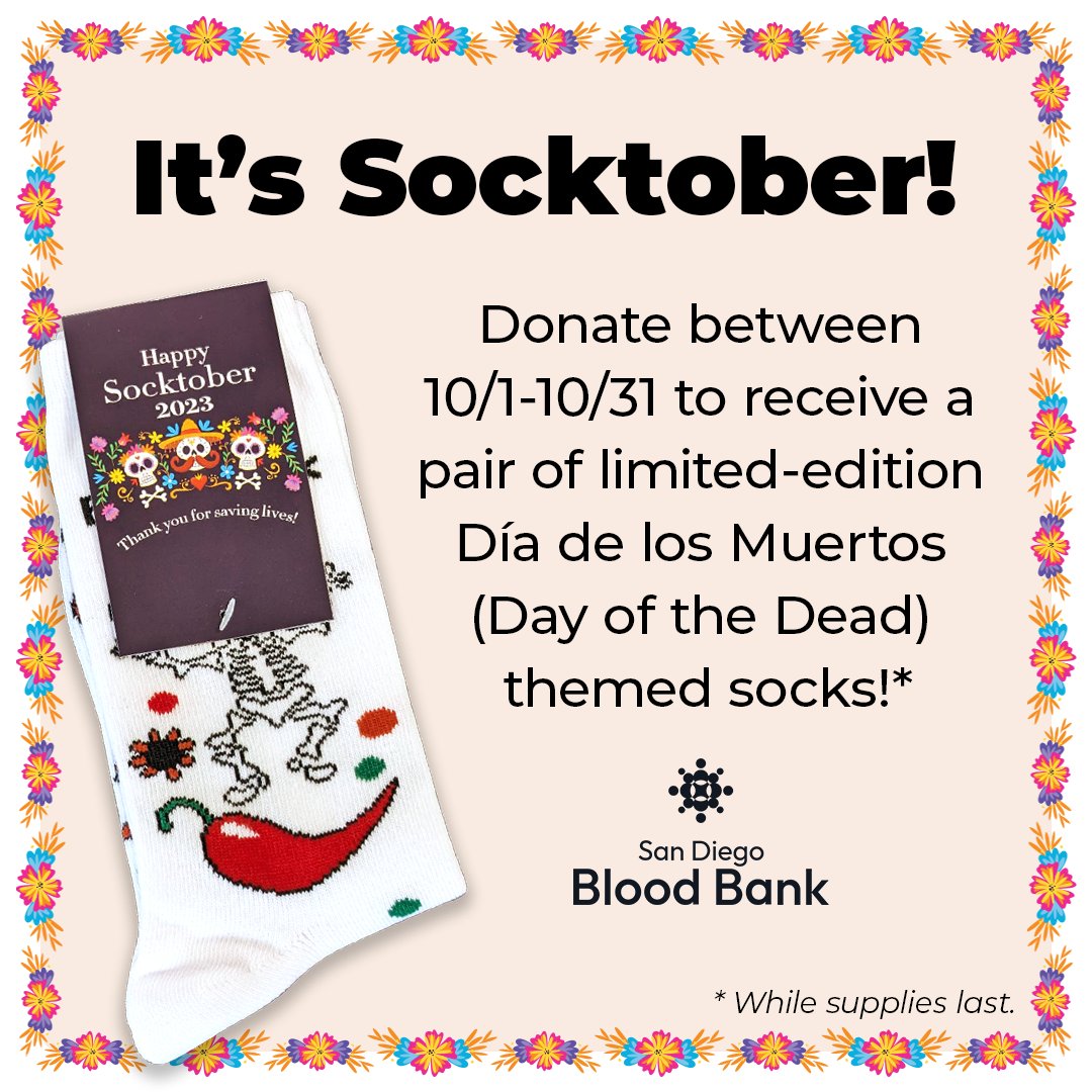 sdbloodbank's tweet photo. 🎉 It's #Socktober at SDBB! 🎉 Donate blood in October and get limited-edition Dia de los Muertos socks! 💀🧦 Make a difference now: https://t.co/UD6CrMNbqP #SDBB #DonateBloodSaveLives https://t.co/w4GUC65iC1
