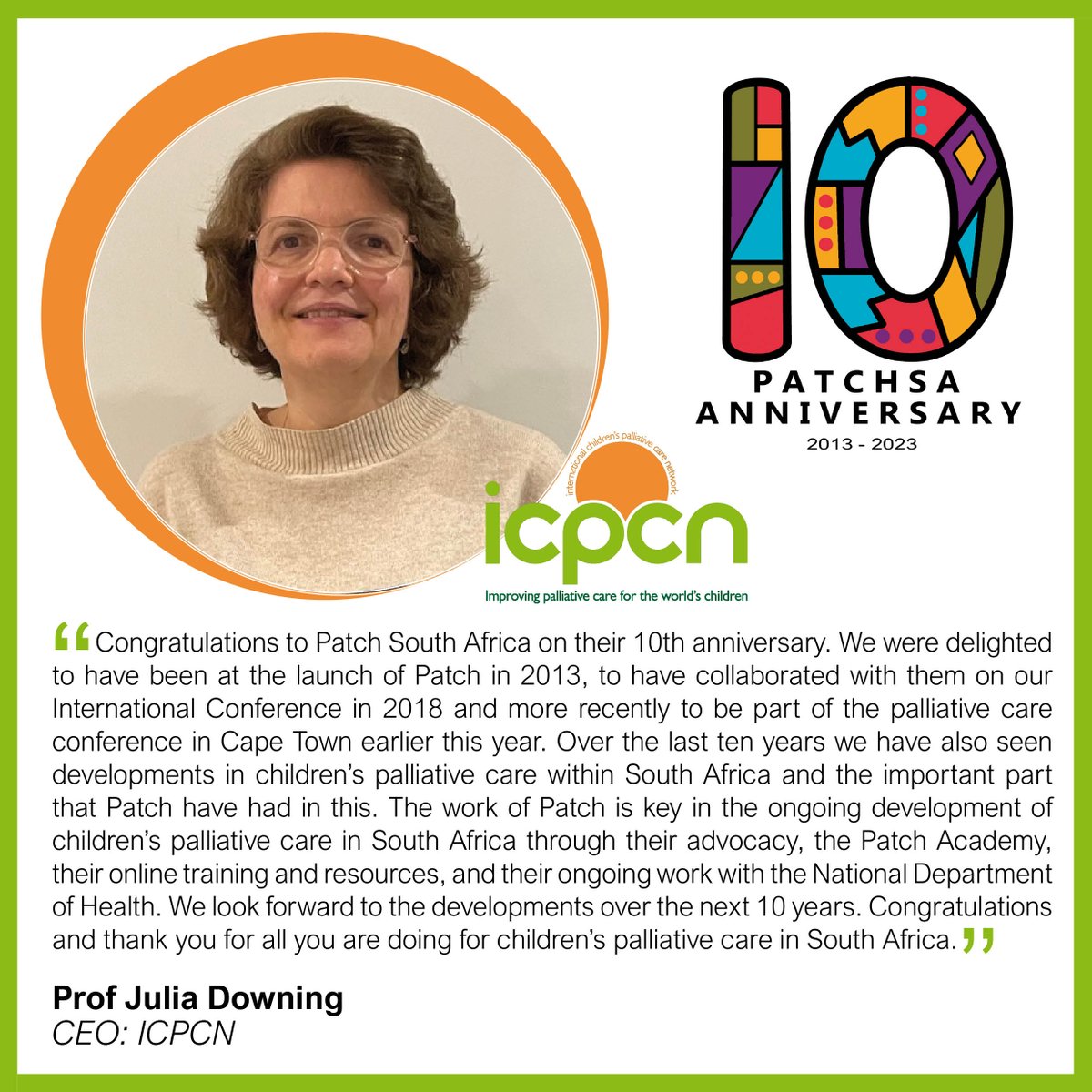 PatchPalliative's tweet photo. Thank you for the good wishes from Prof Julia Downing, CEO of the @ICPCN on the 10-year anniversary of PatchSA. We have travelled a long road together with ICPCN and appreciate all their support.
#10yearanniversary
#ICPCN
#PatchSA https://t.co/0abwRecM0a