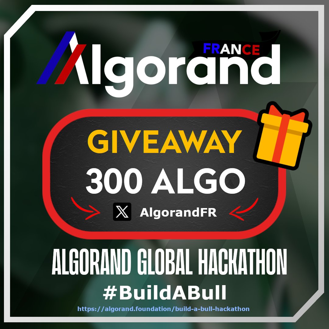 AlgorandFR's tweet photo. 🎉🎁 Giveaway Hackathon Algorand 🎉🎁

300 $ALGO à gagner pour une personne au hasard pour fêter le hackathon !

👇

1⃣ Follow @AlgorandFR &amp; @algodevs
2⃣ Like et RT ce tweet
3⃣ Tag 3 personnes avec le hashtag #BuildABull

Tirage au sort le 8 octobre ! ✅

#giveaway #web3 #crypto https://t.co/5DeZimshsg