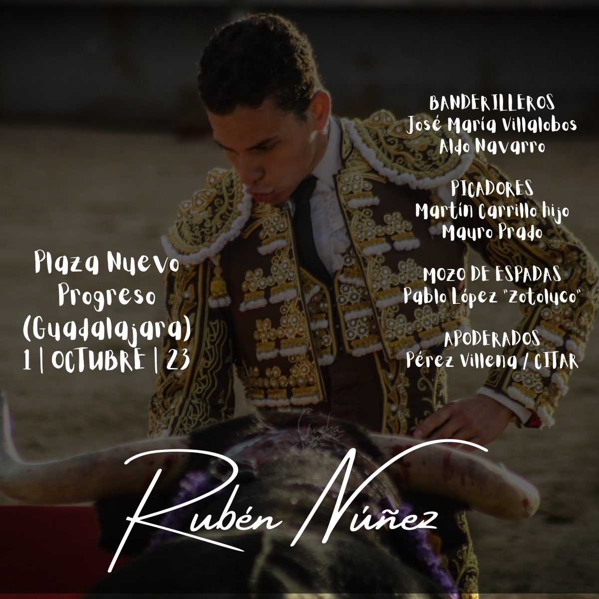 RNunezTorero's tweet photo. 🟣 Hoy toreamos en casa:

📍Plaza de toros Nuevo Progreso (Guadalajara)
🗓️ Domingo 1 de octubre | 16:30 horas en 🇲🇽

🐂 Novillos de Santo Toribio.

⚔️ El rejoneador Tarik Othón, Rubén Núñez y Bruno Aloi. https://t.co/ZWC1XHE547