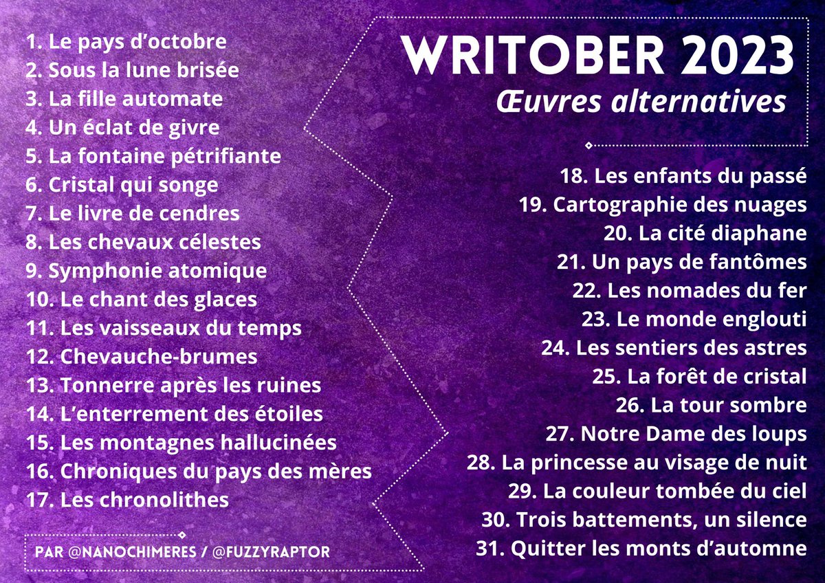 📝 Go pour le #Writober 2023 avec ma liste « Œuvres alternatives » ! On va réinventer des œuvres à partir de titres oniriques 💙

1 jour, 1 mot, 1 texte de #SFFF 🚀🐉👻

Le thread ci-dessous ⬇️