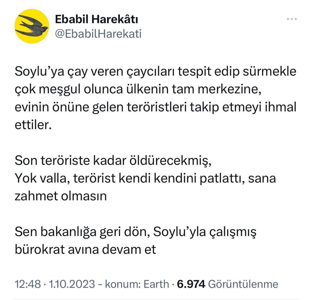 Ebabil bir kuştur, @EbabilHarekati nın başındakiler de .uştur.

Vatan hainleri sizi. Hainlik sadece Devletin #Polis ine #Asker ine kurşun sıkmakla olmaz.