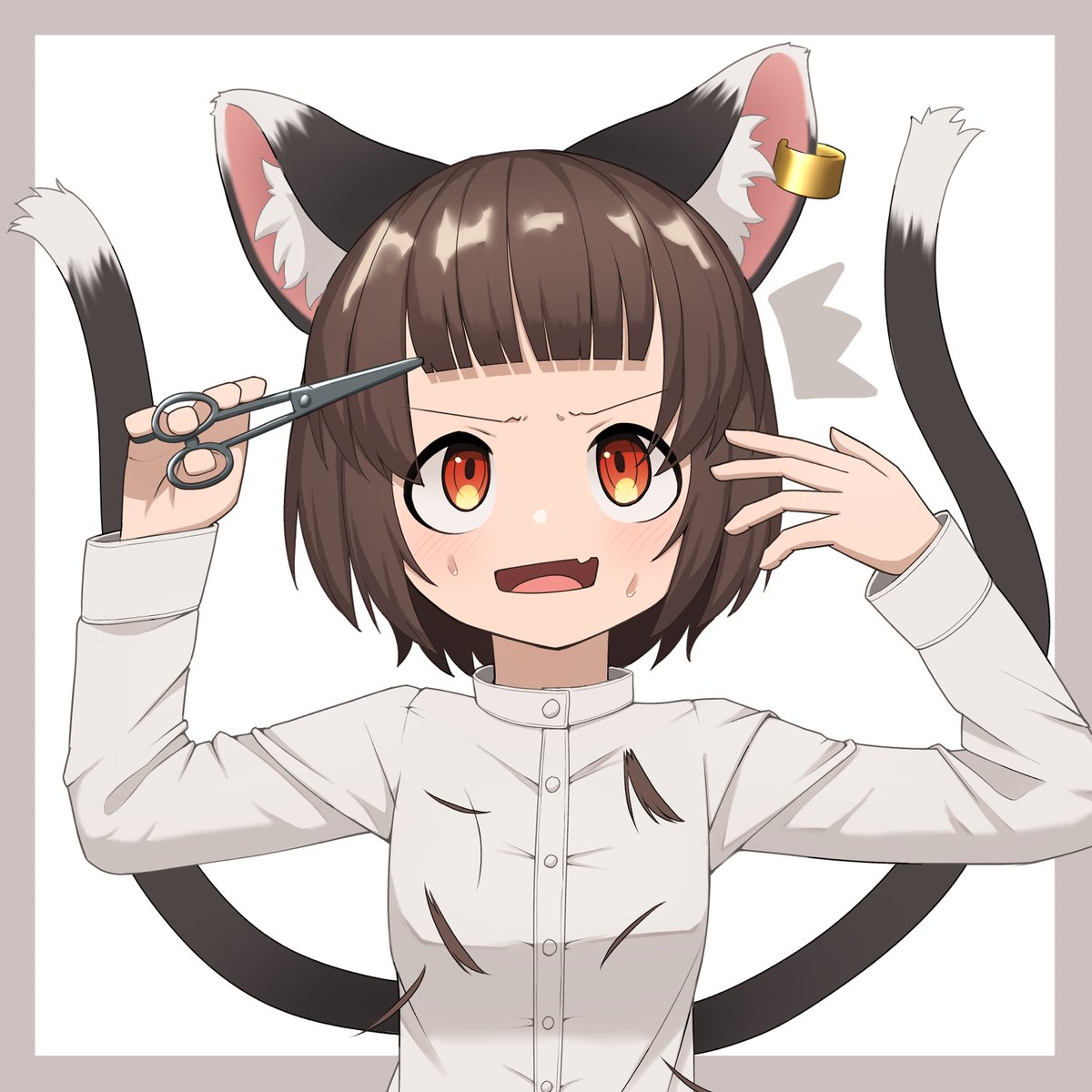 chen 1girl scissors animal ears multiple tails tail cat ears solo  illustration images