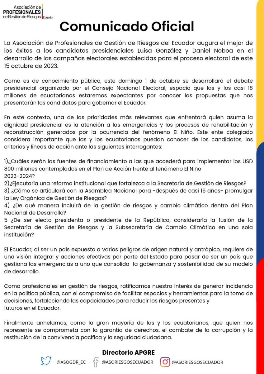 Asociación Gestión Riesgos 🇪🇨 (@asogdr_ec) on Twitter photo #DebatePresidencial2023🇪🇨
En este proceso electoral ejerzamos nuestro derecho con un #VotoInformado, para de manera corresponsable reducir los impactos previstos por la ocurrencia inminente del #FenómenoElNiño.
Expectantes de las respuestas <a href="/DanielNoboaOk/">Daniel Noboa Azin</a> y <a href="/LuisaGonzalezEc/">Luisa González</a>. #DebatePresidencial2023🇪🇨
En este proceso electoral ejerzamos nuestro derecho con un #VotoInformado, para de manera corresponsable reducir los impactos previstos por la ocurrencia inminente del #FenómenoElNiño.
Expectantes de las respuestas <a href="/DanielNoboaOk/">Daniel Noboa Azin</a> y <a href="/LuisaGonzalezEc/">Luisa González</a>.