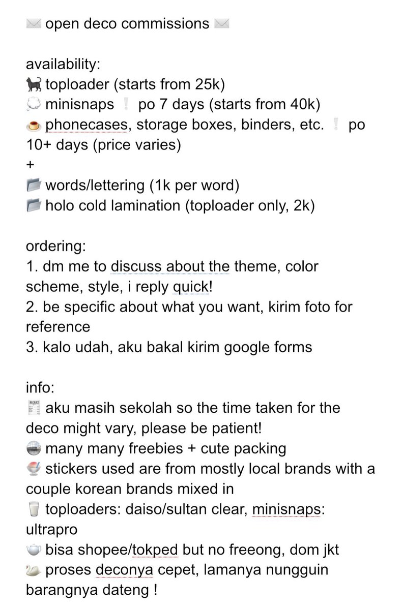 haonoos's tweet photo. want to sell ✉️ opening deco commissions !

🎀 toploader (starts from 25k)
🍧 minisnaps (starts from 40k)
🍮 phonecases, storage boxes, binders, etc. (price varies)
🐈 dom jkt, INA
⭐️ shopee/tokped/manually

dm 4 more info

🏷️ wts lfb wtb lfs toplo stickers korean comis indonesia https://t.co/0MbsHIuEP8