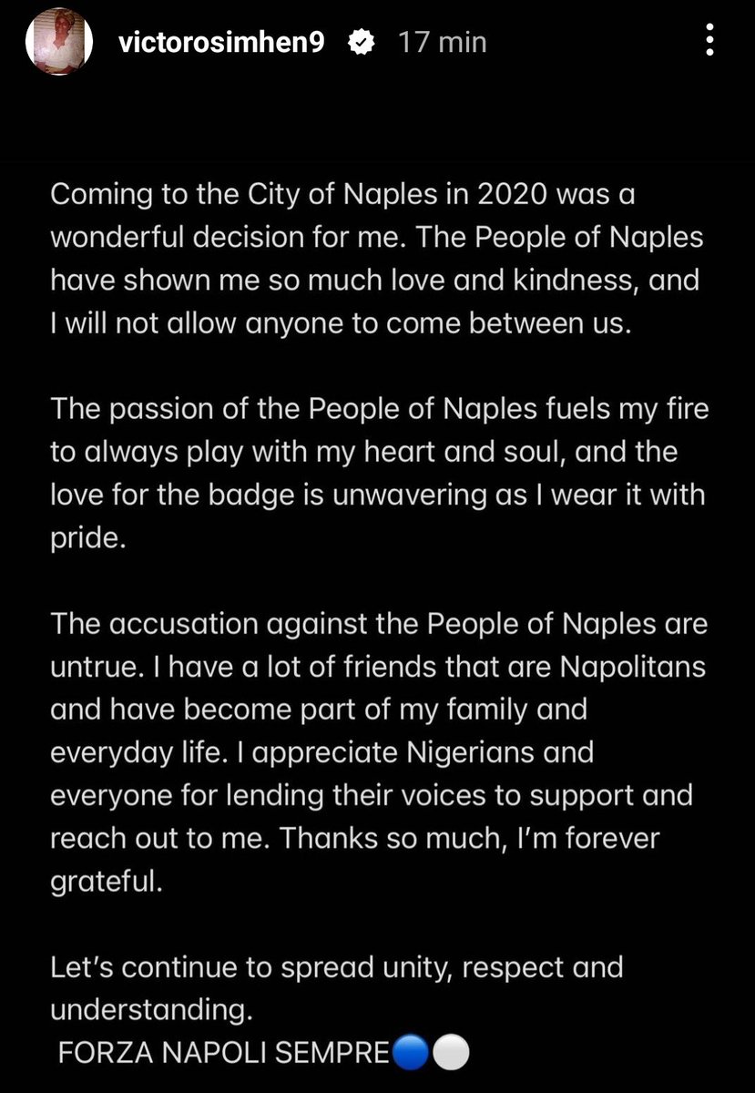 #Osimhen finalmente chiude la faccenda razzismo "Grazie nigeriani, ma Napoli non è razzista! Dà amore e gentilezza, nessuno si metterà tra noi!"

Più o meno quello che gli ho suggerito io 😅