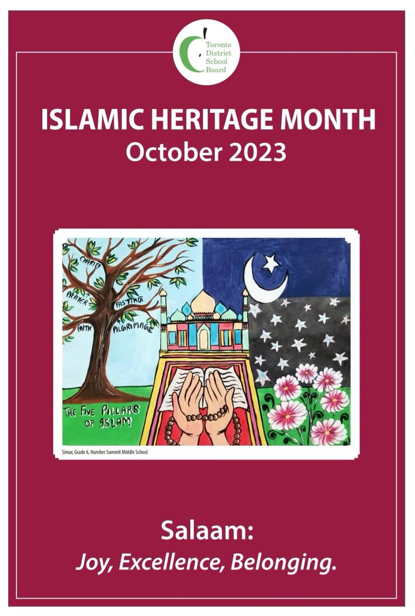 Salaam &amp; Bismillah, October is Islamic Heritage Month! Check out our 2023 poster, featuring a winning student design 😍-a copy was sent to every school. Watch this space for more info about our interactive workshop series--more info also available at bit.ly/48yIRVC #tdsb