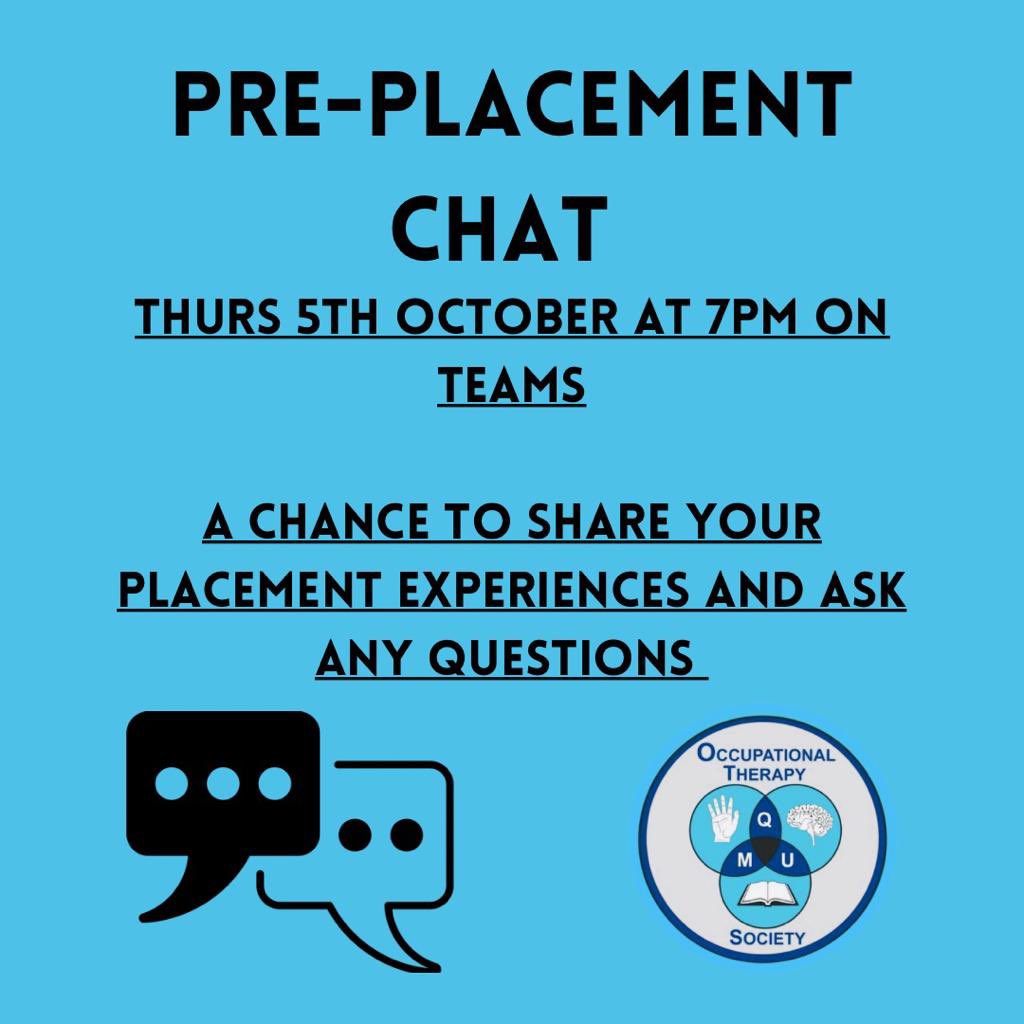 We understand how daunting placements can be so please join us online for a pre-placement session where you can learn from the experience of other students and share some tips and support before you head out. Online on our Teams Channel, Thur 5th Oct at 7pm. Members only.