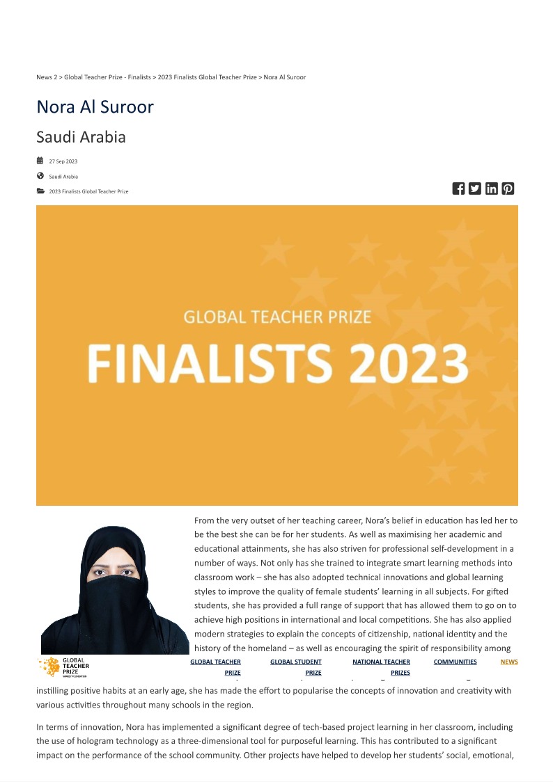 I am delighted to be qualified as one of the top 50 finalists in the #GlobalTeacherPrize! I dedicate this achievement to my beloved country, the Kingdom of Saudi Arabia, on its 93rd National Day    #SaudiNationalDay 🇸🇦

 and I dedicate this achievement to all my students, fellow