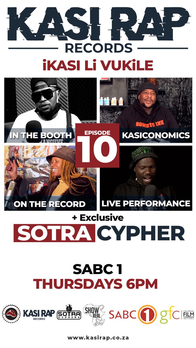 Ikasi livukile! Episode 10 of Kasi Rap Records features a fresh #InTheBooth W/ Stan B, #Kasiconomics w/ Soweto Ink Tattoo, #OnTheRecord w/ Assessa, a live performance from MaseVen and a fire #SotraCyphers exclusive! Tune in on Thursday, 5 October at 6pm only on SABC1 👊🏾

🇿🇦