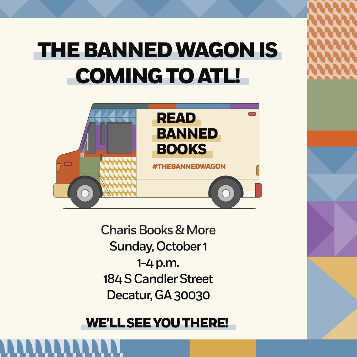 Don't miss #TheBannedWagon! The tour kicks off 1pm today at Charis Books and offers 12 books that are being challenged and banned. We're proud to co-sponsor w/@penguinrandom @LtlFreeLibrary @PENamerica #BannedBooksWeek #LetFreedomRead sites.prh.com/banned-books-m…