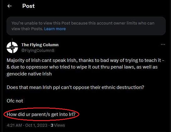 flyingcolumn8's tweet photo. Offspring of immigrant parent/s didn't like the answer that all Irish ppl regardless of cultural knowledge have right to oppose their ethnic destruction
But he especially did not like the final question
Blocked -> EVERY. SINGLE. TIME
#HowdYouGetIntoIreland
#AsylumScammers https://t.co/RkRZyQd4M6