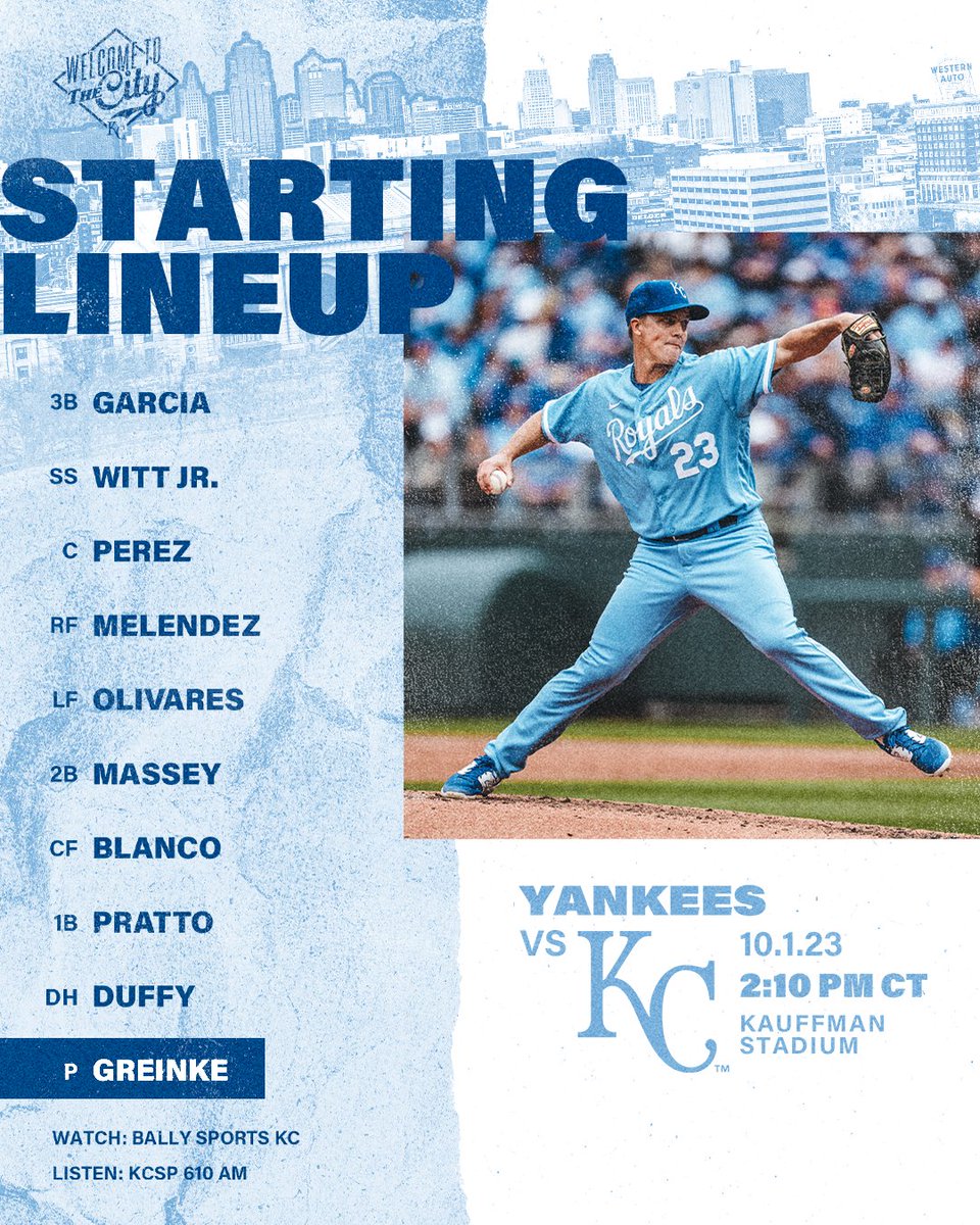 Royals's tweet photo. Here's how we will take the field behind Zack Greinke this afternoon in the season finale.

#WelcomeToTheCity https://t.co/tigYhNLI8N