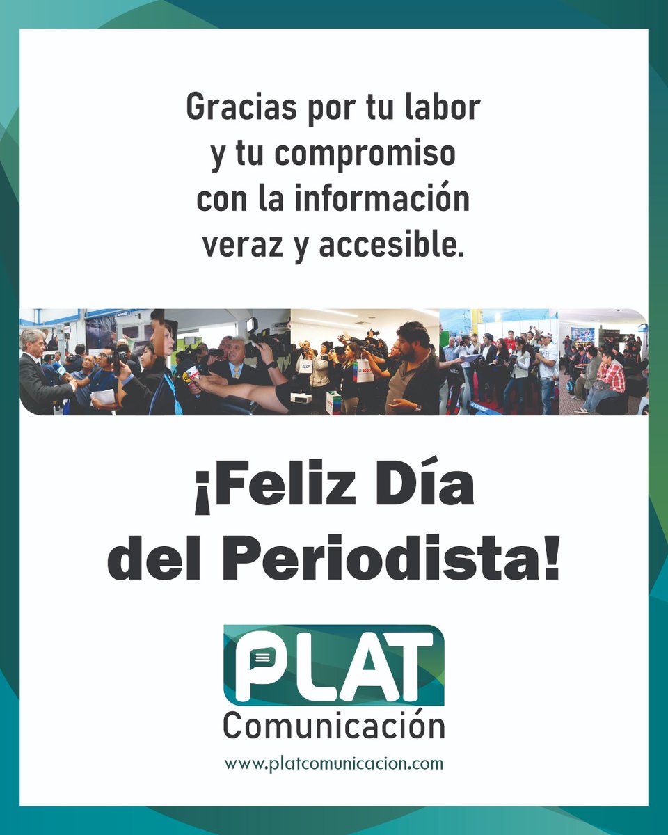 PLATComunica's tweet photo. ¡Feliz día a todos los Periodistas del Perú!

#diadelperiodista #periodismoperu #periodistas #celebracion #platcomunicacion #peru https://t.co/V5sUuFCrZu