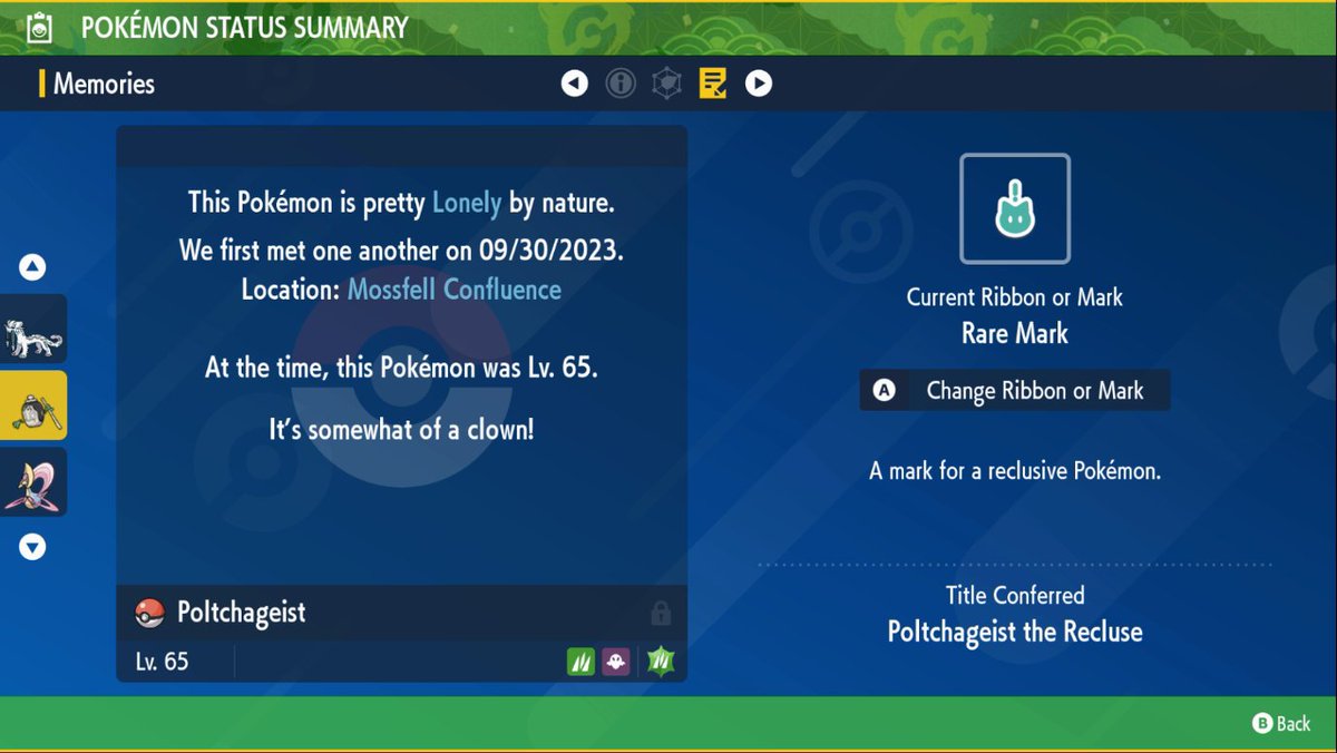 ✨ Shiny Poltchageist ✨ after 459 encounters! It also had a Rare Mark on it!!

Kinda tempted to use it in competitive solely for the flex 😅

#ShinyPokemon #PokemonScarletViolet