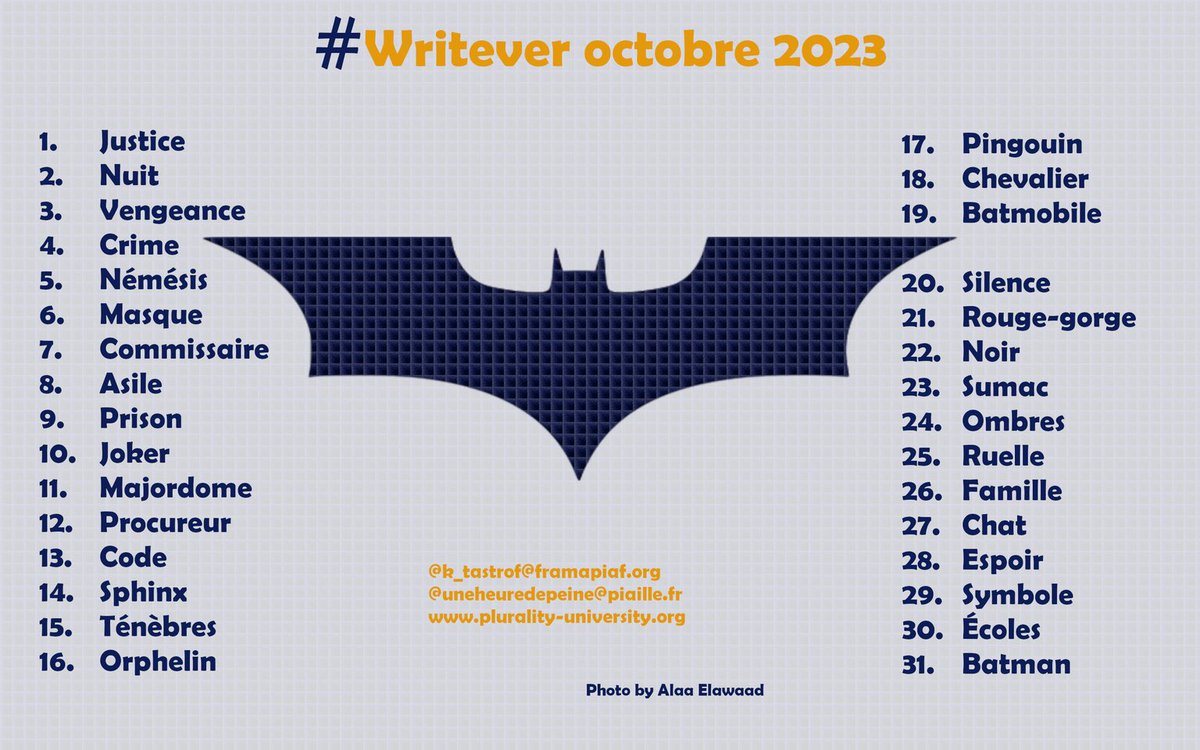 nanochimeres's tweet photo. 🦇 Go pour le #Writever d’octobre 2023 par @Uneheuredepeine & @k_tastrof sur… Batman !
1 jour, 1 mot, 1 texte de #SFFF 🏰🐉
Le thread ci-dessous ⬇️ https://t.co/FTERK4JzyS