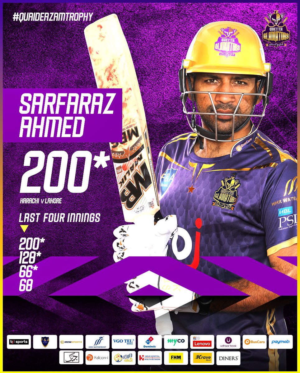 🌟 SHAANDAAR KAPTAAN 🌟 2️⃣0️⃣0️⃣* for our skipper today👏🏼 Let his bat do the talking 😎 @SarfarazA_54 ‘s last four innings🔽 200* 128* 66* 68 #PurpleForce #QETrophy #Pakistan #ShaanePakistan