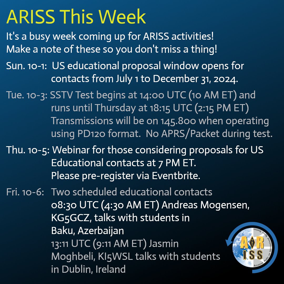 It's a jammed packed week for ARISS activities!  What are you most looking forward to?

For US webinar registration and information, use this link: eventbrite.com/e/ariss-propos…